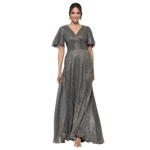 BETSY & ADAM ISABELLA LONG V NECK FLUTTER SLEEVE METALLIC DRESS GOWN 8 Formal